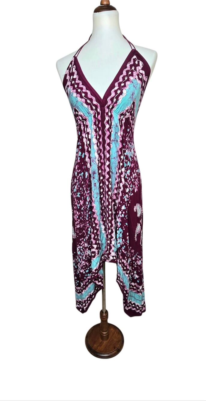 Boho Halter Dress Burgundy Turquoise Tie Dye Embroidered Handkerchief Hem OS